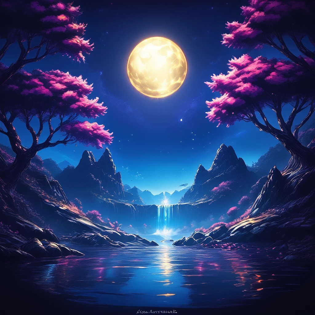 core_9, score_8_up, score_7_up,  <lora:NeonFantasyPony:1> ArsFriends, The image is a digital illustration of a beautiful night scene with a full moon in the background. The sky is filled with stars and the moon is glowing brightly creating a warm glow. The scene is set in a mountainous landscape with a river flowing through it. On either side of the river there are tall trees with pink flowers blooming on their branches. The trees are surrounded by rocks and boulders and there is a waterfall cascading down the rocks in the center of the image. The water is calm and still reflecting the colors of the sky and the trees. The overall mood of the scene is peaceful and serene., no humans, scenery, moon, tree, sky, night, water, outdoors, star (sky), night sky