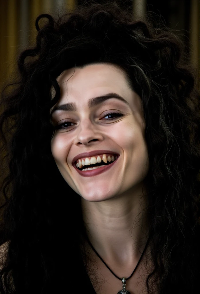 Bellatrix Lestrange is a woman, closeup face portrait. She smiles and she has bad teeth <lora:Bellatrix_Lestrange:0.9>