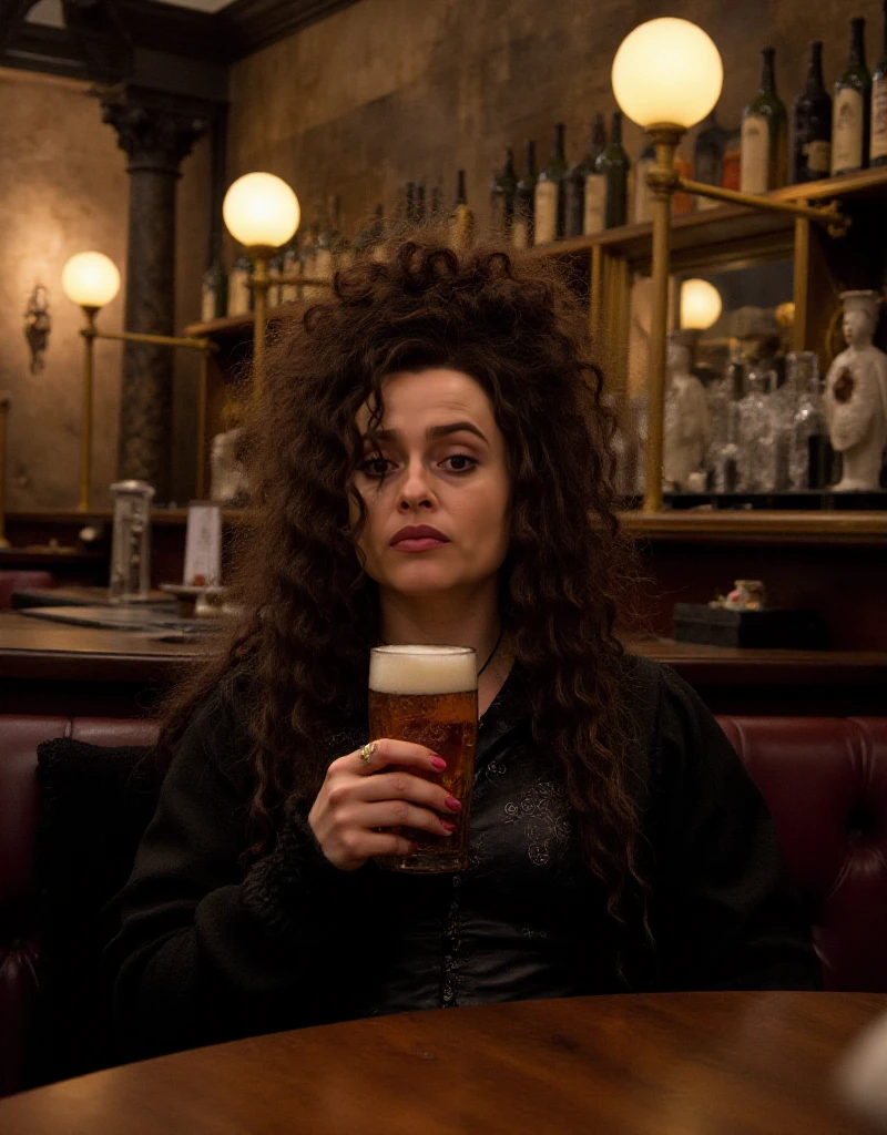 Bellatrix Lestrange is a woman having a beer in a pub decorated for halloween <lora:Bellatrix_Lestrange:0.9>