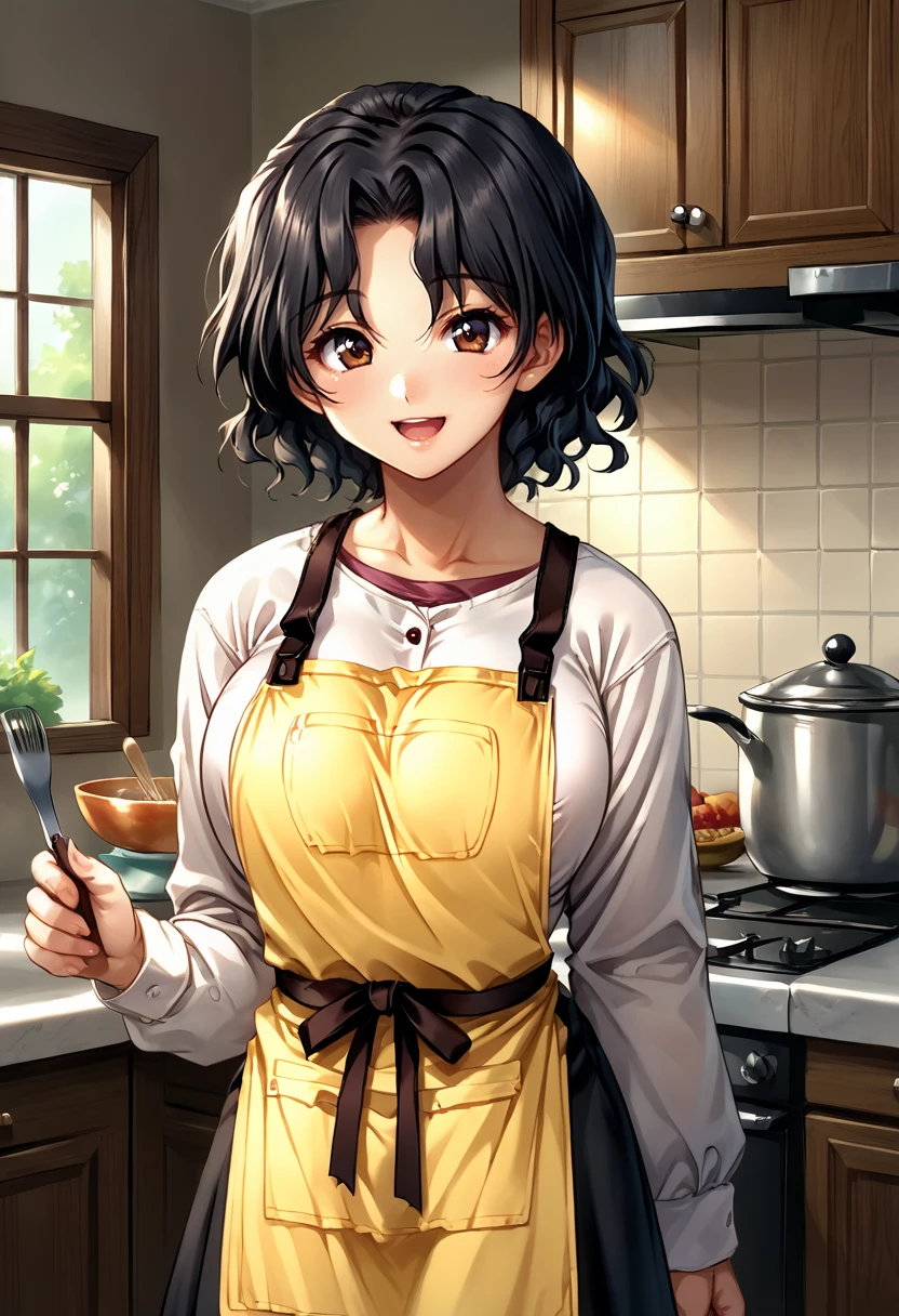 score_9, score_8_up, score_7_up, source_anime BREAK 1girl, solo, <lora:toheart_haruka:1>, toheart_haruka, cowboy shot, yellow apron, white shirt, long sleeves, black skirt, large breasts, black hair, wavy hair, short hair, parted bangs, brown eyes, looking at viewer, smile, open mouth, kitchen, indoors, <lora:cnv3mdde878c738thn20:0.5> <lora:zy_Detailed_Backgrounds_v1:0.5>