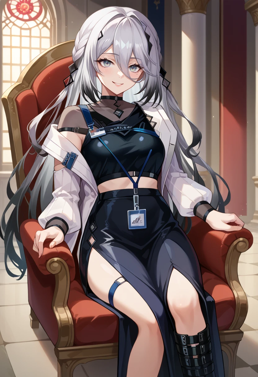 score_9, score_8_up, source_anime, 1girl, solo, SophDefault, grey eyes, multicolored hair, long hair, braid, mole, hair ornament, black choker, see-through, black shirt, chest belt, lanyard, clothing cutout, midriff, white jacket, shoulder cutout, black skirt, long skirt, side slit, thigh strap, black boots, indoors, palace, smirk, smile, sitting, on throne, <lora:ChamSophiaValentinePonyXL:1>