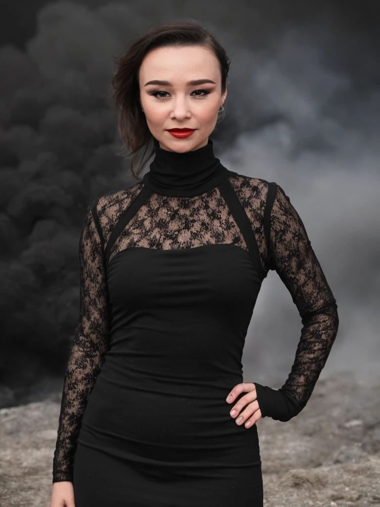 score_9, score_8_up, score_7_up, score_6_up, (high quality, best quality), photorealistic, 
a professional absurdres sharp focus intricately detailed full (torso:1.2) photograph of a beautiful 1woman  (Danielle_Harris:1.1),
wearing a long turtleneck dress and dark red lipstick, smokey eye make-up, black short bob hairstyle,  
dancing in a smoldering volcanic caldera,
<lora:Danielle_Harris-SDe14:0.8>