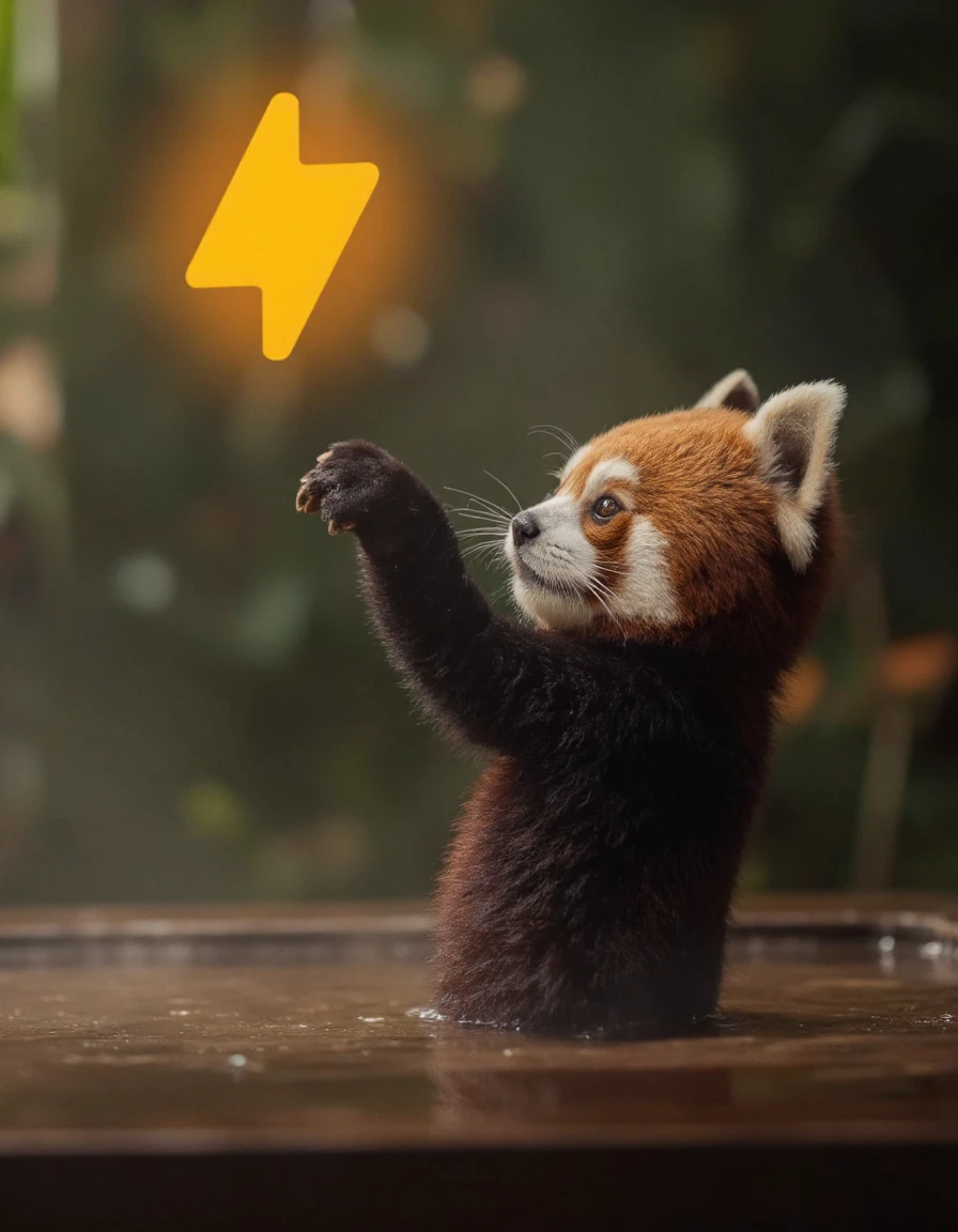 Photorealistic, HDR; a redpanda is standing up and reaching for a glowing floating SuchBuzzLogo , cute, The background is a onsen where the redpanda is soaking in.  <lora:Red_Panda-000010:1>  <lora:Flux__Such_a_True_Buzz:1>