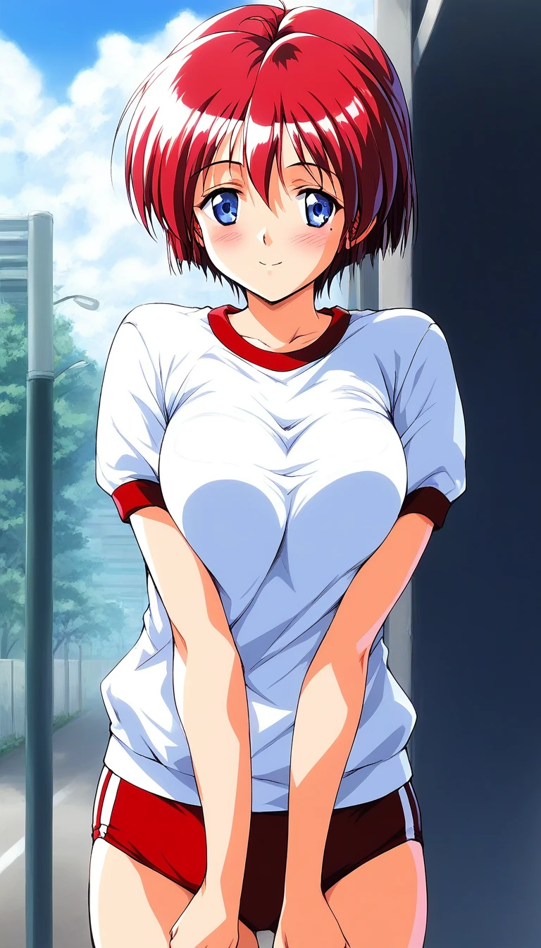 score_9, score_8_up, score_7_up, source_anime, rating_explicit, BREAK  <lora:Hinomoto_Hikari_XL:1> Hinomoto_Hikari, solo, red hair, short hair, blue eyes, breasts, bangs, 
mole under eyeã
gym uniform,white shirt, red buruma, v arms, 
blush,looking at viewer, 
outdoor, day, sky,
cowboy_Shot,