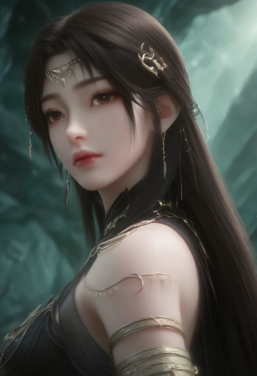 huolinger, dark brown long hair, black_dress, Aesthetic body, golden ratio body, long leg, thin waist, perfect butt, medium breasts, moaning, seductive face, wide view pov, (Ultra Realistic:1.0),32k,(Masterpiece:1.0),(High Detailed Skin:1.0),( High Quality:1.0), (Detailed Realistic Background:1.3), (Official Art, Beautiful and Aesthetic:1.2), (Realistic Lighting:1.0), (score_9, score_8_up, score_7_up, high detailed, high quality, masterpiece, no text, quality highlights, 8k detail, detailed background, source_anime, dynamic view, hentai, ultra-detailed, BREAK 1girl, (((solo))), female focus, expressiveh, (((warm skin))), (((dark brown hair))), (((large tie hair))), bangs, (light brown eyes), (big eyes), gorgeous girl, beautiful eyes, (ultra detailed face), (closed mouth), thick lips, ((incredibly sexy)), ((necklace)), (jewelry), (armlets), bracelets, big earrings, (medium breast), (big butt), (), (sexy thighs), (pelvic curtain), (focus on face), (eyes wide), (looking at viewer), sexy pose, (close-up), (upper body), focus on face, BREAK dark abstract background, sunlight, (SkinHairDetail:0.95)