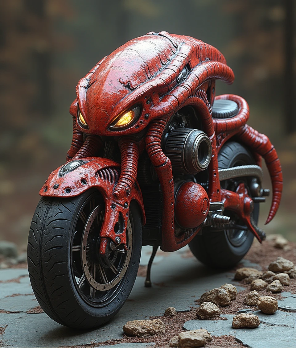 zerg-style,a motorcycle is alien-like,made up of flesh and claws