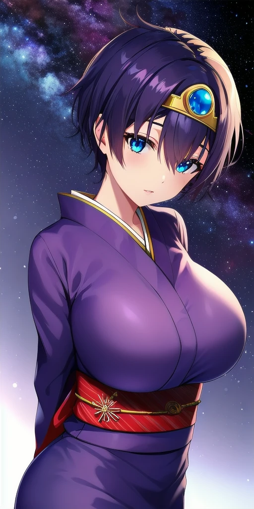 <lora:Irin_ErdrickV5:0.7> Irin_Erdrick_spiked_hair, huge_breasts, standing, solo, arms_behind_back, starry_sky, kimono, circlet,, masterpiece, best_quality, detailed_face, detailed_eyes, highres, beautiful, detailed, absurdres,