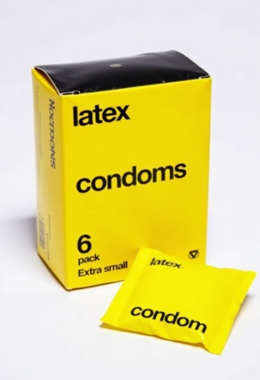 This is a photograph of a packaging box for s. The box is rectangular with a bright yellow background and a black border, displaying a minimalist design. The front of the box features prominent black bold text "latex", and "condomow in a slightly larger, bolder font. Below this, in smaller text, it reads "no name" in black. The dimensions are specified as Extra Small, and the brand name "6 Pack" is printed at the bottom right corner. Next to the box is a condom in a wrapper that says "condom" in black bnt.
<lora:No_Name_Brand_Products_FLUX-000001:1>
