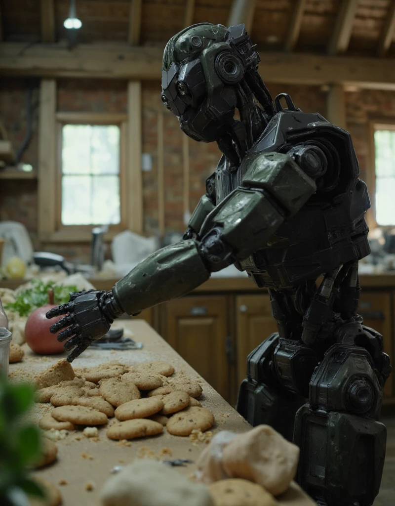 Monster of man robot is baking cookies in a futuristic kitchen <lora:Monster_of_man:0.9>