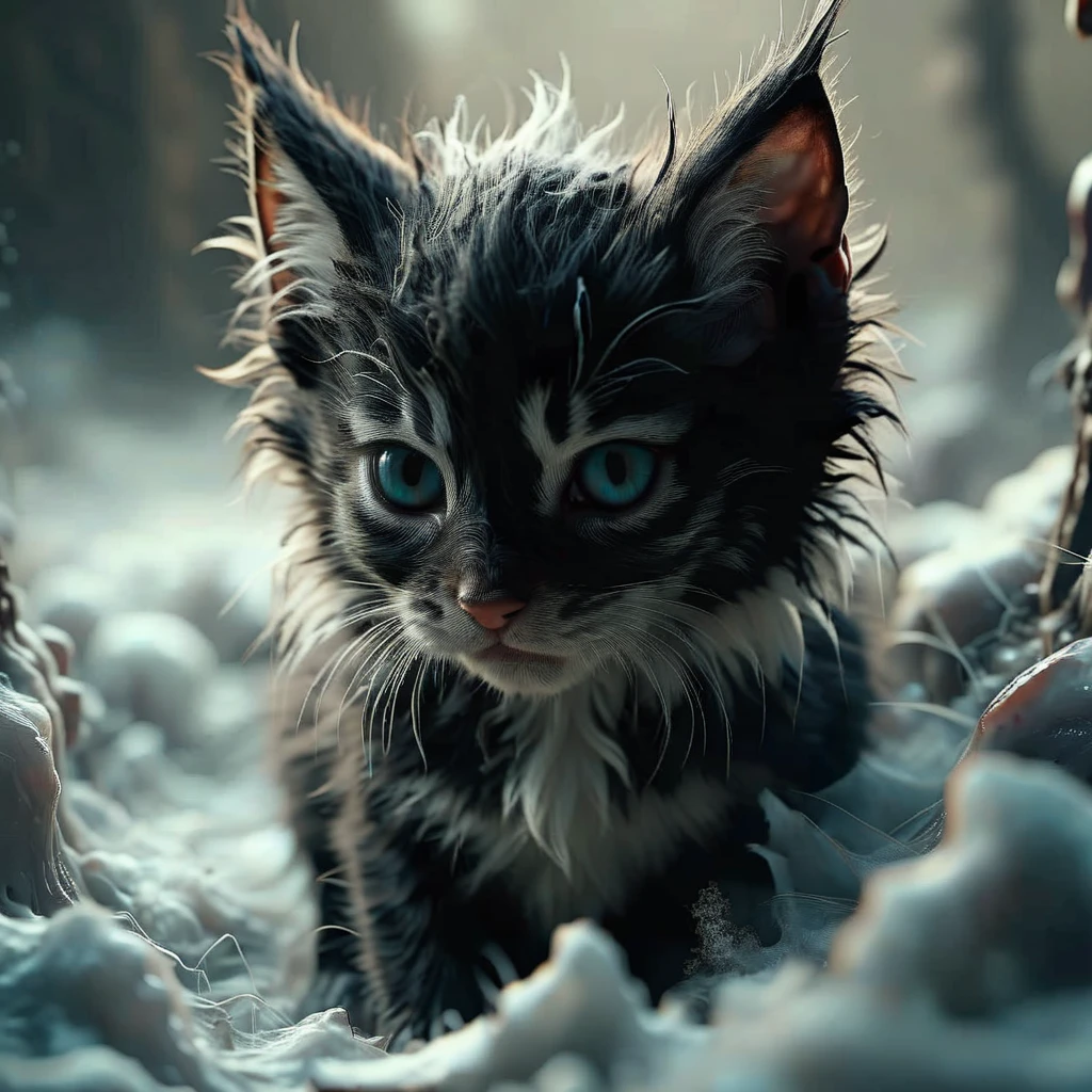 libernoctis a little fluffy kitten in a dark land of hell, very dark and detailed, cinematic<lora:libernoctis:1>