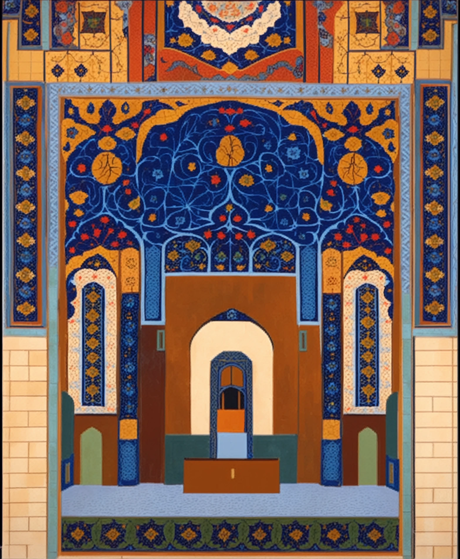 <lora:Safavid _pony_v1:1> safavid dynasty \(period\), islamic \(style\),mural \(genre\),tiles on the wall of an old building, score_9, score_6_up, score_7_up