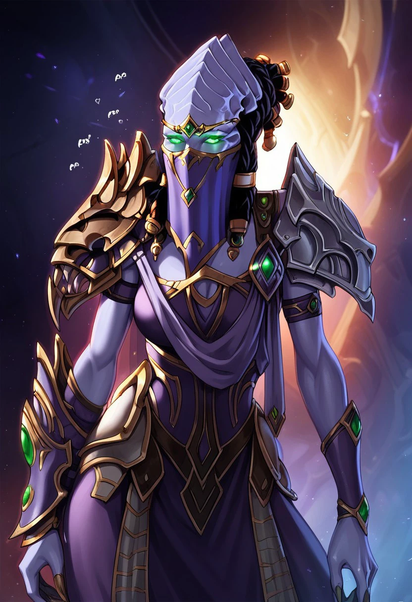 Vorazun,1girl,solo,protoss girl,no mouth,no nose,no ears,elongated head,glowing eyes,face veil,alien girl,green eyes,armor,colored skin,shoulder armor,pauldrons,braids,dreadlocks,vambraces,dress,skirt,jewerly,veil,purple dress,seductive, holding weapon, sexy pose,score_9, score_8_up, score_7_up, beautiful aesthetic, very intricate, high quality details,vibrant, highly detailed, award-winning, professional,anime artwork, anime style, studio anime, athletic, toned female,muscular milf,curvy body, athletic girl,fit girl, ,looking at viewer, pinup pose,teasing, dynamic lighting, cinematic, smug, better than you, aura of temptation, highly detailed, high resolution, masterpiece, detailed clother, detailed background, highly detailed, ((sound effects)) comic layout,