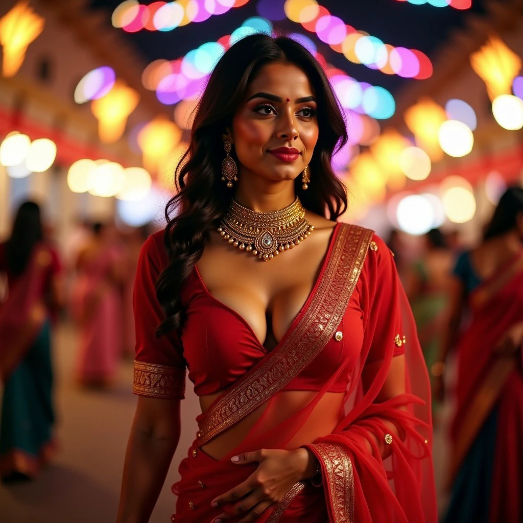A confident Indian woman dressed in a traditional lehenga walks through a vibrant festival. Her choli is tailored to frame her neckline elegantly, offering a subtle glimpse of cleavage. As she moves gracefully, her posture and confident stride turn heads. The intricate gold jewelry around her neck enhances the natural beauty of her silhouette, as the colorful lights of the festival flicker in the background, illuminating her every step.