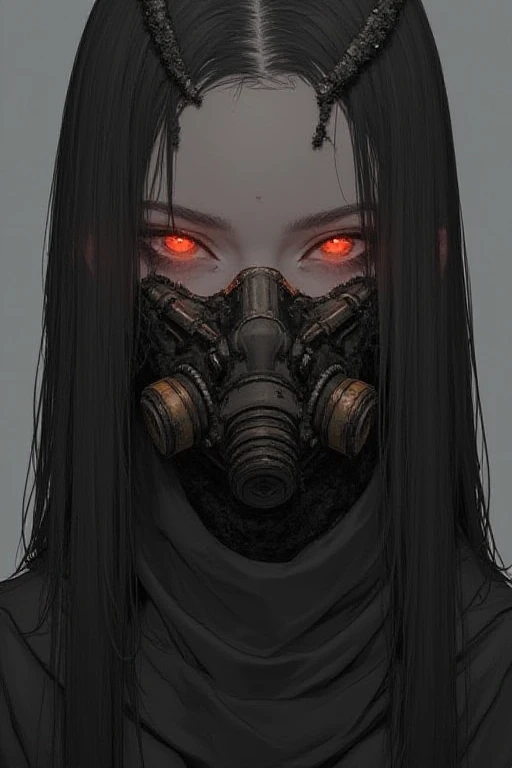 a woman with long hair and a gas mask on with glowing eyes. S1n0z1ck style