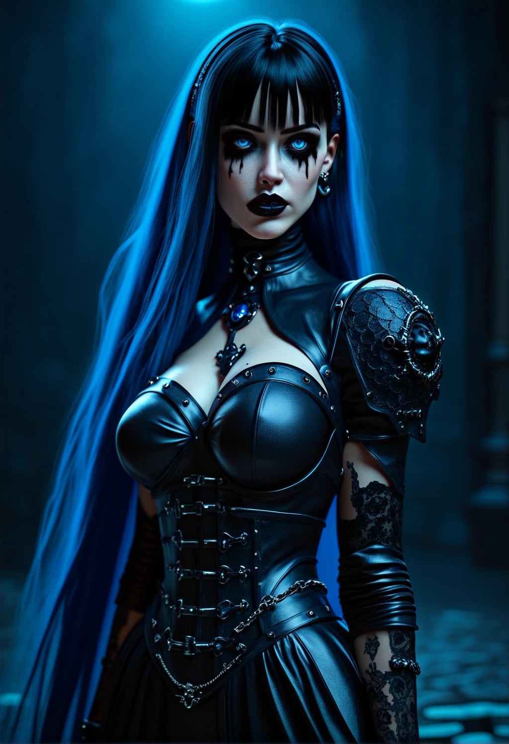 flx$tyl3, score_9, score_8_up, score_7_up, 1girl, gothic style, (fully clothed), very long hair, gothic body armor, goth accessories, goth makeup, beautiful eyes, bright colors, high contrast, vivid lighting, sapphire blue eyes, 3D, cinematic, very aesthetic