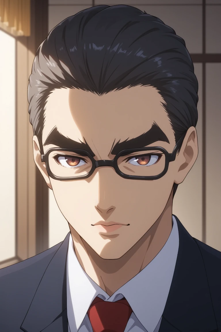 SoeSNS, an anime male in anime screencap style, black hair, black glasses, brown eyes