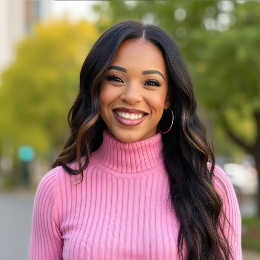 Close-up photo of woman smiling and wearing a turtle neck pink sweater at a park