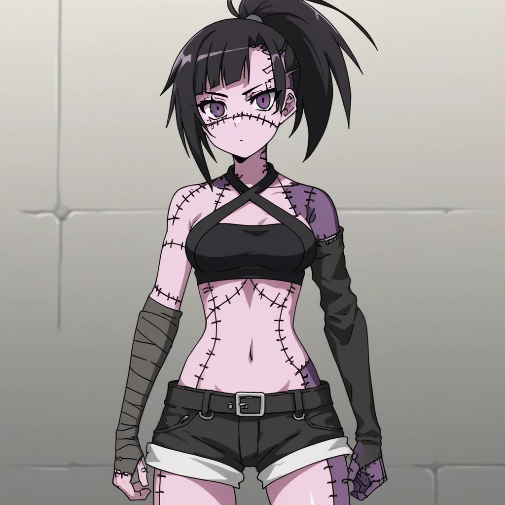 1girl, solo, tall, attractive, kunai, patchwork skin, black ponytail, medium breast, open. Halter top, booty shorts, forearm wraps, looking at viewer