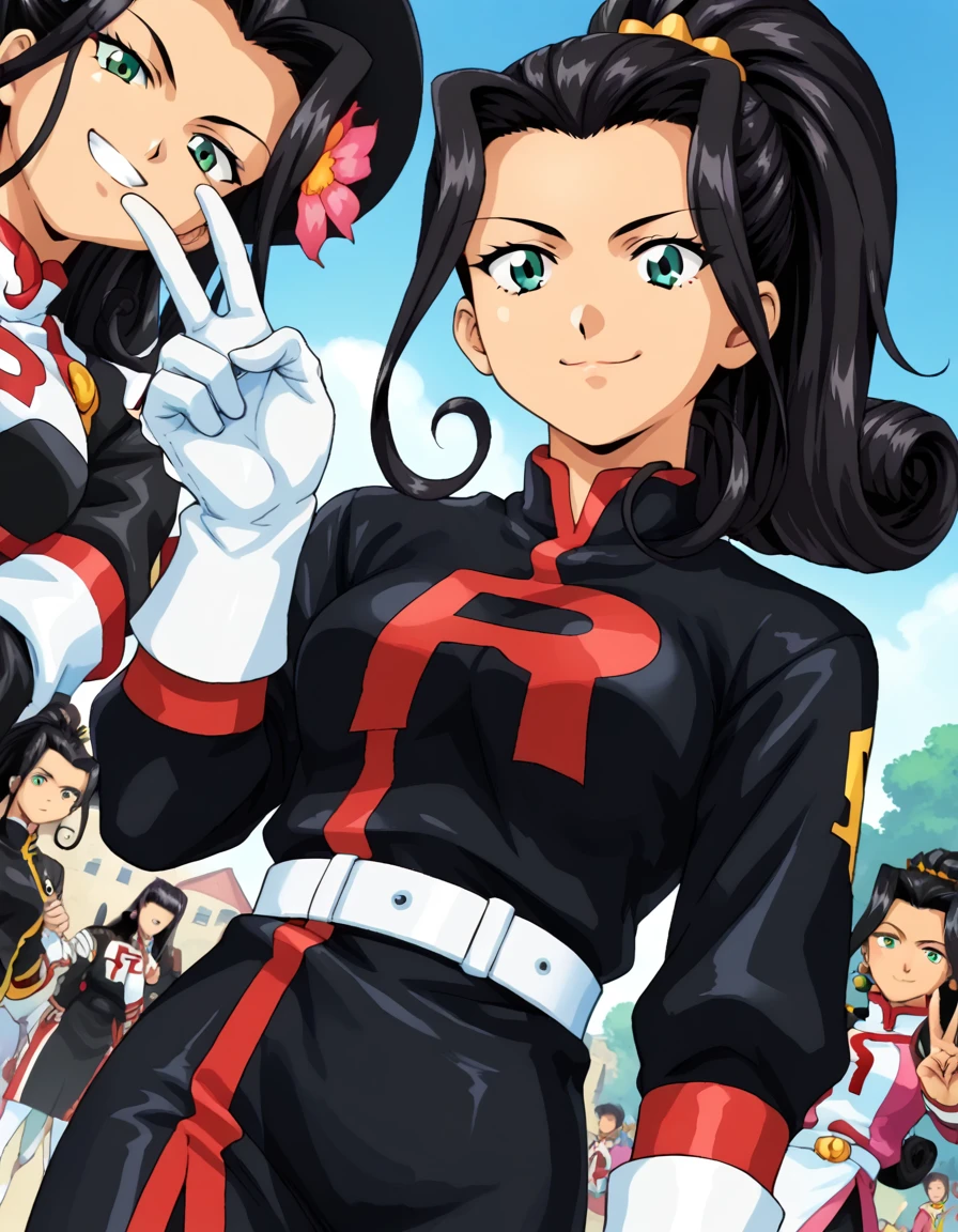 score_9, score_8_up, score_7_up, source_anime, <lora:orihime-soletta-ingame2-ponyxl-lora-nochekaiser:1>, orihime soletta, long hair, medium breasts, black hair, ponytail, green eyes,, <lora:team-rocket-uniform-ponyxl-lora-nochekaiser:1>, team rocket uniform, black hat, black shirt, black skirt, white belt, white gloves, single letter,, smile, smug, v, outdoors,, , cowboy shot, dutch angle