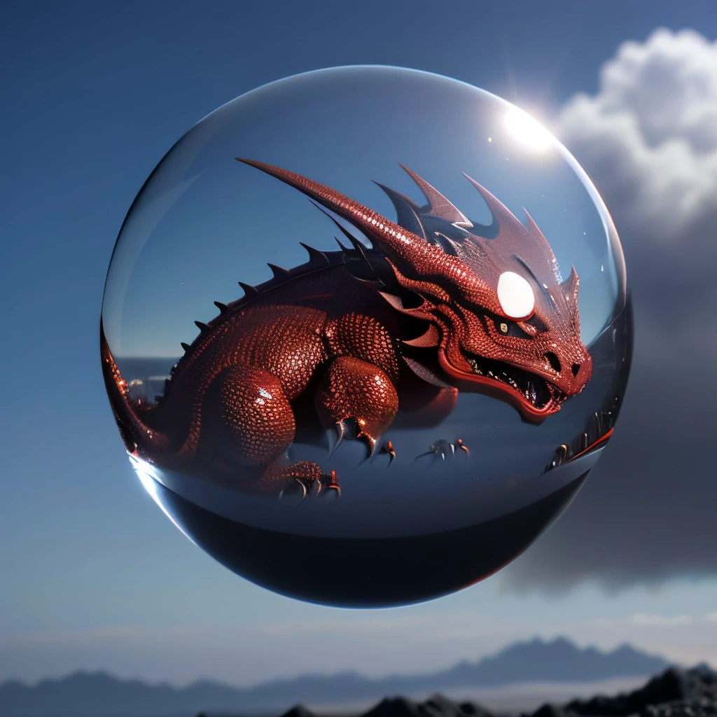 masterpiece, best quality, intricate photo, glass sphere with highly precise detailed red dragon in the wasteland, Background blue cloudy sky, photo realistic, hyper realistic, highly detailed, sharp focus, high resolution, 8K, <lora:GlassSphere_v12:0.4>