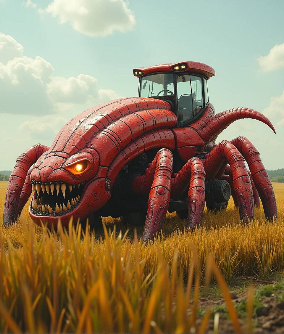 zerg-style,a tractor is Crustacean monster,working on rice field with teeth and claws