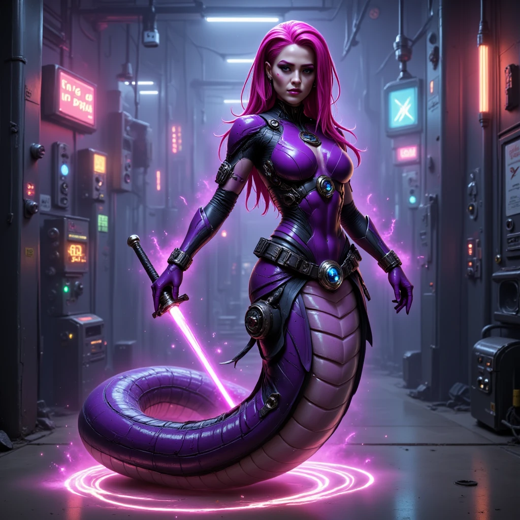 <lora:NagaFlux:1>comic style, a naga is a snake-like humanoid creature. An image of a <lora:psylocke:1> Psylocke purple suit, purple magical powers, magic coming from eyes and magical sword naga, in a location that can be described with the keywords A blacked-out club with cyberpunks dancing to the beat of electronic music under UV lights., Welding, fullbody view