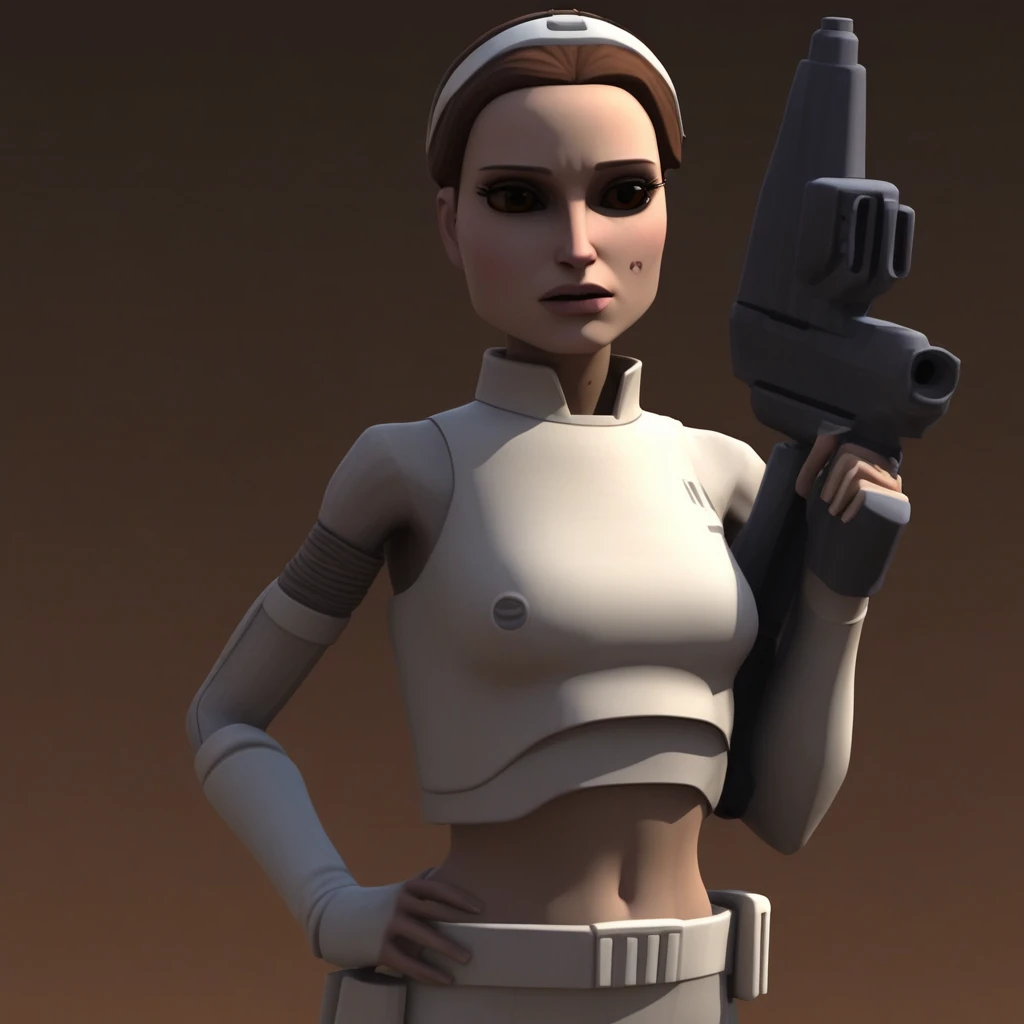 1 girl, Padme amidala, clone wars, 3D, brown hair, brown eyes, mole under eye, white outfit, geonosis, holding blaster, crop top, serious look