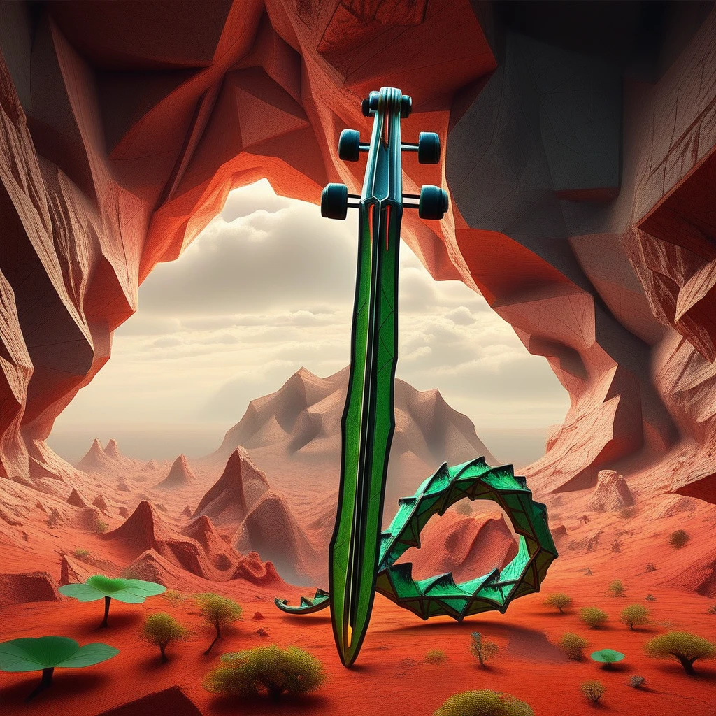 contrasting against the rough, violin, tail, with each polygon colored in a variety of bright, scenery, sword, geometric landscape. The central focus is a large, earthy tones of the cave. Its green leaves are lush and detailed, dynamic digital artwork featuring a stylized, sky, reddish-brown blocks, futuristic style, white clouds., action pose, lattice-like patterns that evoke a sense of advanced, digital artwork depicting a surreal and dramatic landscape. The scene features a towering