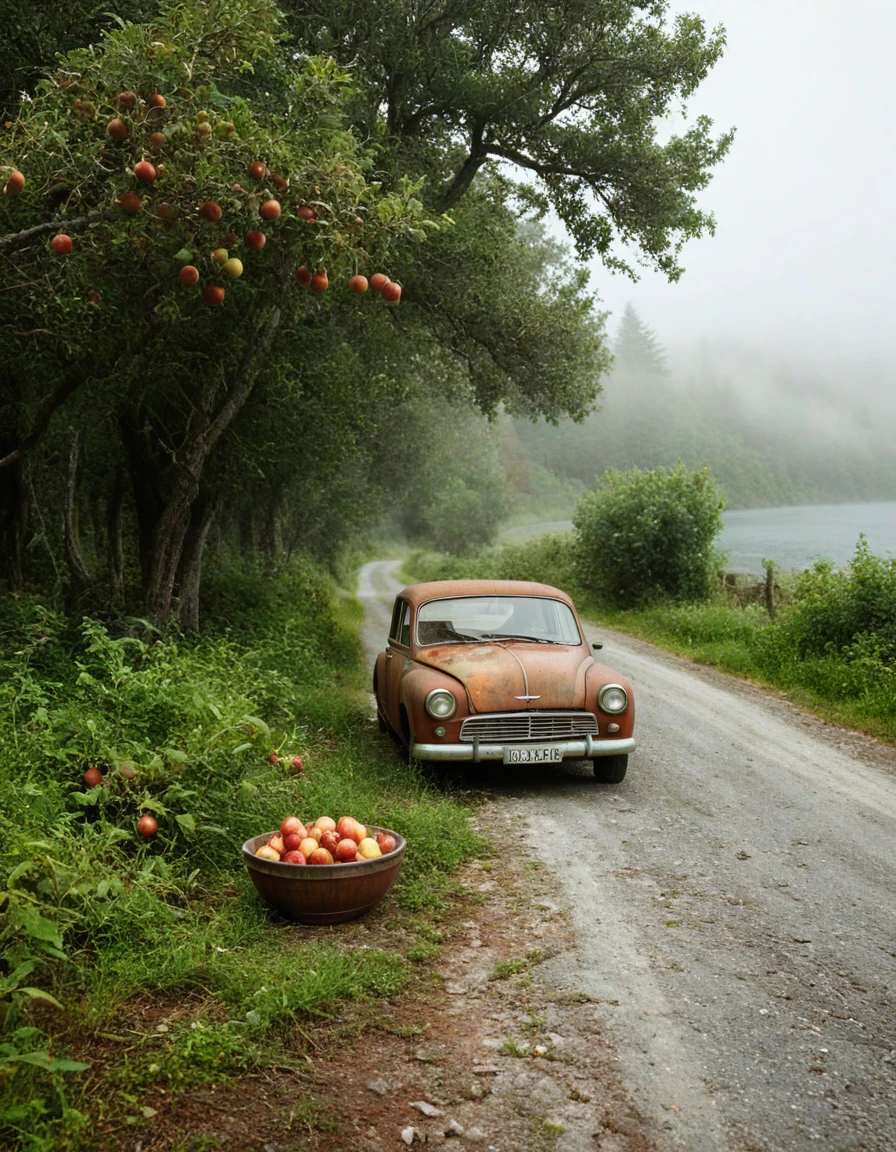 cinematic film still of a rusty car near a shore, overgrown vegetation, apple trees, fruit bowl, country road, mist