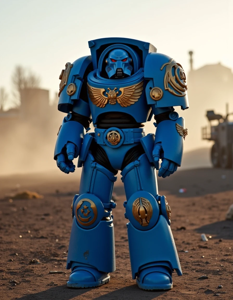 "Imagine a scene in the style of Ridley Scott cinematography, where an Ultramarine Terminator stands in his regal cerulean blue armor, trimmed with polished gold. The Ultramarine’s iconic 'U' symbol is emblazoned in white on his shoulder pad, representing the nobility and tactical prowess of the Chapter. His armor is adorned with golden laurels and purity seals, showcasing the Ultramarines' strict adherence to honor and tradition. He stands tall in a war-torn battlefield, lit by the soft, diffused light filtering through dust and smoke, exuding both martial discipline and heroic resolve."