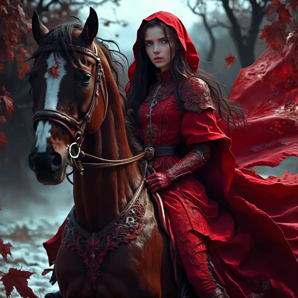 libernoctis beautiful girl death on horseback in ornate scarlet robes, very dark and detailed, cinematic<lora:libernoctis:1>