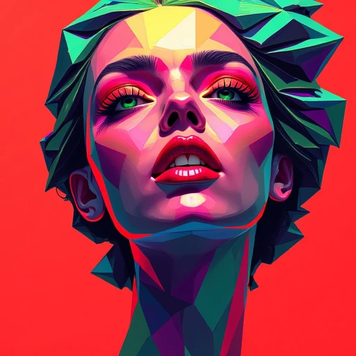 crbizm, solo, teeth, makeup, green eyes, woman, long neck This is a vibrant, highly stylized digital artwork in a geometric, abstract style. The subject is a stylized portrait of a woman with a futuristic, geometric face. The artwork is rendered in a pixelated, polygonal technique, with each polygon colored in a variety of bright, saturated hues including reds, purples, blues, greens, and yellows.   The woman's face is composed of angular, faceted shapes that create a mosaic-like effect, blending seamlessly into each other