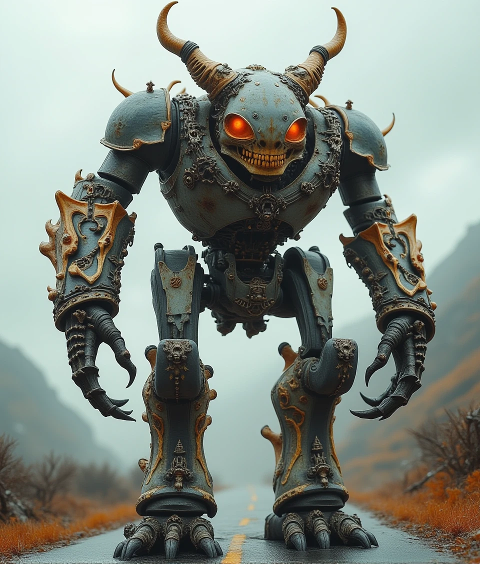 mechbone,a giant mecha walking on road like horror king