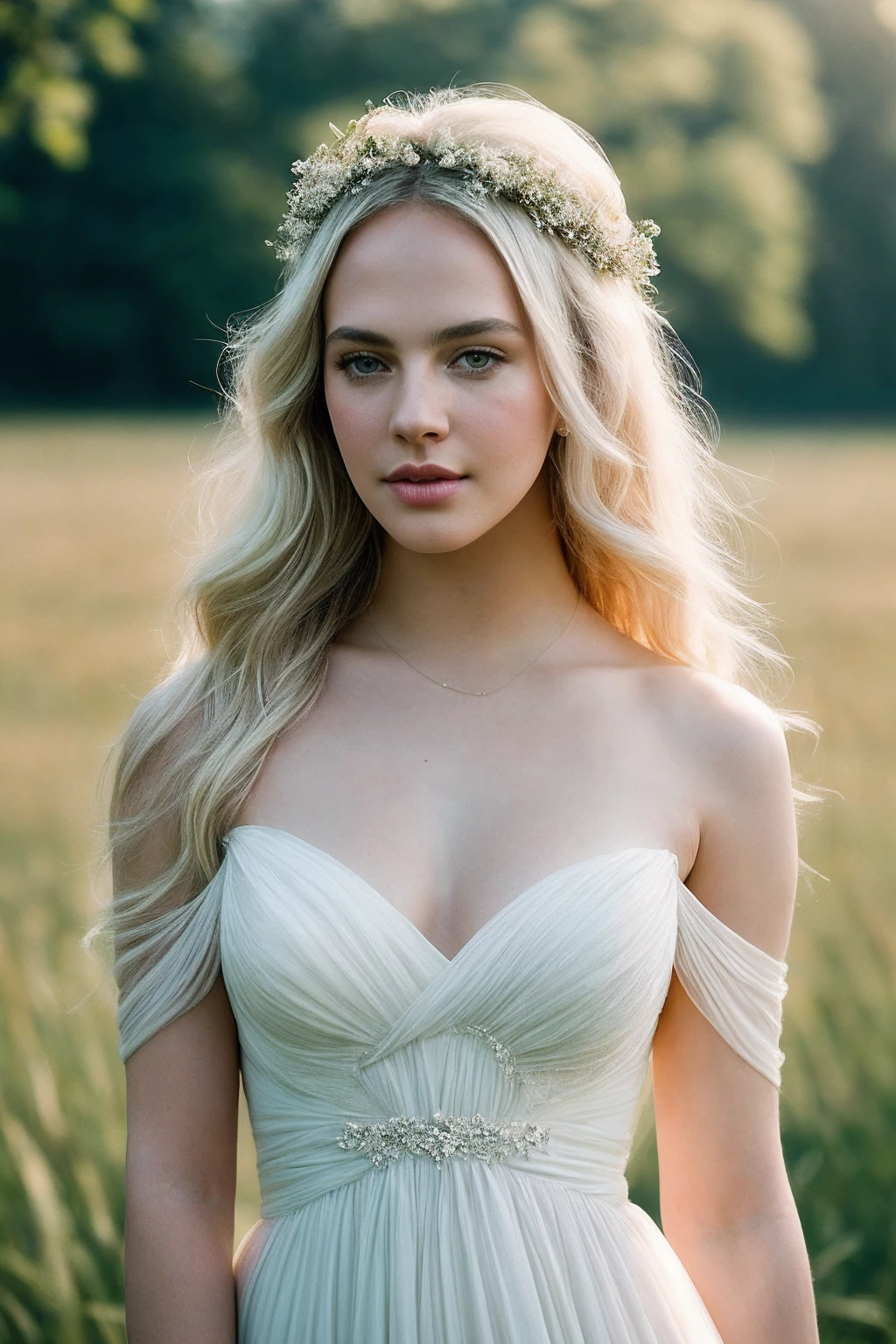 JessicaBF_SoloTI_v1,
(In a flowing, ethereal white gown that billows softly in the wind, her sleek, straight blonde hair cascading over her shoulders as her serene expression hints at quiet wisdom, she stands poised with a sense of grace and inner peace, her presence almost otherworldly),
(Set against a tranquil, sunlit meadow at dawn, where the early morning mist dances over wildflowers, and the distant silhouette of a mystical forest can be seen, the scene feels like a moment frozen in time, full of gentle magic and serenity),
(otherworldly:1.3),
(soft, warm lighting, pastel tones with gentle shadows, dreamy focus on the heroine, painterly composition with a serene, magical mood:1.3),
<lora:add_detail:0.6> epiCPhoto, PA7_Portrait-MCU