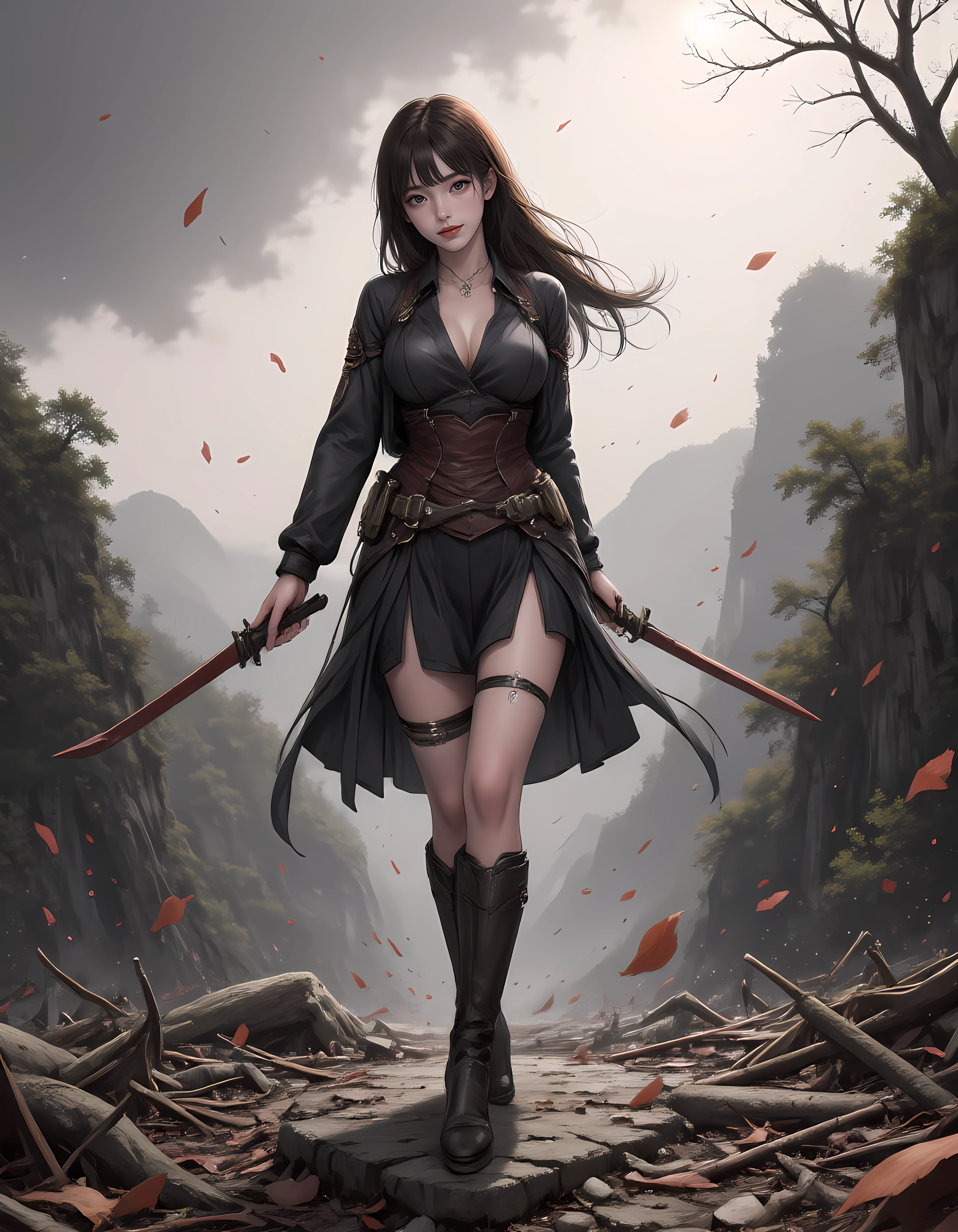 An ultra wide shot of a beautiful kunoichi, in an autumnal setting inspired by the Edo period. The scene captures the motion of strong winds, swirling leaves, and the dark clouds looming over a rugged mountainous landscape, all reflected in her intense amber eyes. Wearing lightweight kimono-inspired outfit with a short hem and fitted sleeves, allowing for freedom of movement. The fabric is dark with subtle floral patterns, tied with an obi, and paired with tabi boots. Hands Resting on Wakizashi Hilts The kunoichi stands with both hands resting lightly on the hilts of her wakizashi, her stance relaxed and composed while looking away.  <lora:pink2:1>