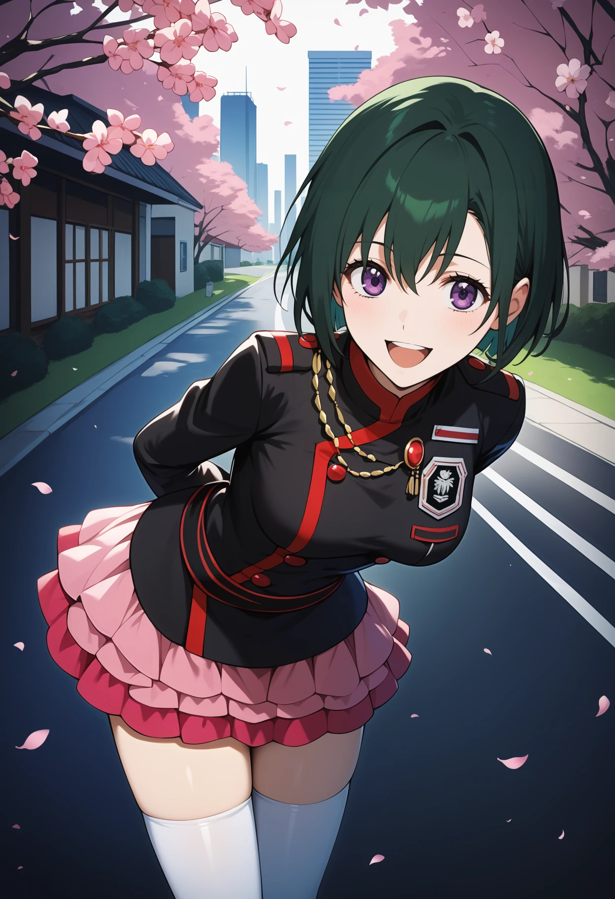 score_9, score_8_up, score_7_up, score_6_up, score_5_up, score_4_up, source_anime, cclee, short hair, green hair, black hair, purple eyes, medium breasts, aiguillette, military jacket, black jacket, long sleeves, layered skirt, miniskirt, pink skirt, white thighhighs, <lora:lenalee_lee_ponyxl_v1:0.9>, arms behind back, leaning forward, standing, outdoors, open mouth, cherry blossoms, smile, city, road,