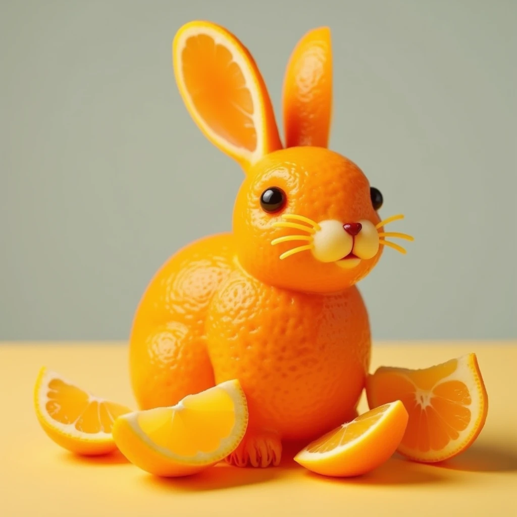 a whimsical orange bunny with a slice of head as an ear,sitting on top of sliced ornges,