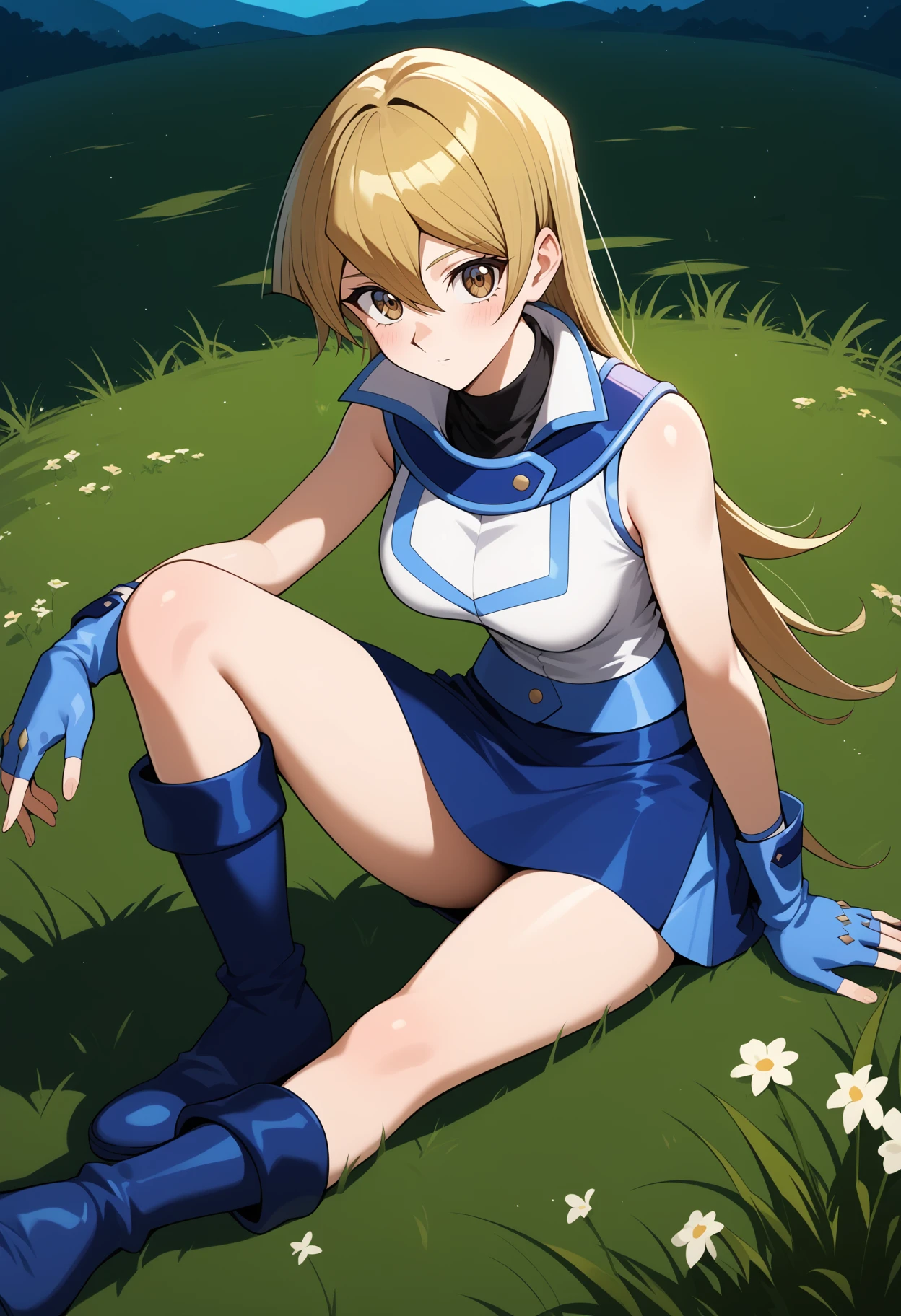 score_9, score_8_up, score_7_up, score_6_up, score_5_up, score_4_up, source_anime, aaasuka, long hair, blonde hair, brown eyes, breasts, turtleneck, white jacket, sleeveless, fingerless gloves, blue gloves, miniskirt, blue skirt, <lora:tenjouin_asuka_ponyxl_v1:0.9>, on floor, sitting, field, grass, boots, blue footwear,