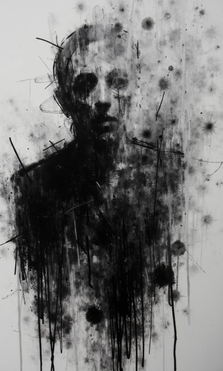 Horror (theme),monochrome, solo, abstract, traditional media, greyscale, male focus, 1boy