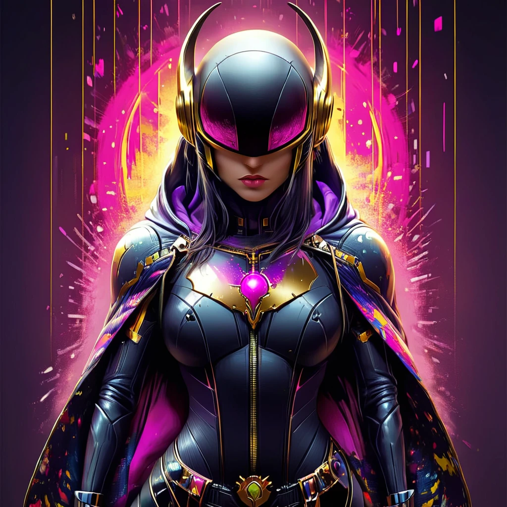 <lora:NeonFantasySDXL:1> ArsFriends, The image is a digital illustration of a female superhero. She is wearing a black and gold suit with a helmet that has a futuristic design. The helmet has two large horns on either side and a red and yellow light emanating from the center. The background is dark with pink and purple splashes of light. The superhero is standing with her arms crossed and her head tilted slightly to the side. She has a fierce expression on her face. The overall mood of the image is intense and powerful., 1girl, solo, cape, breasts, bodysuit, weapon, belt, medium breasts, gloves, cowboy shot