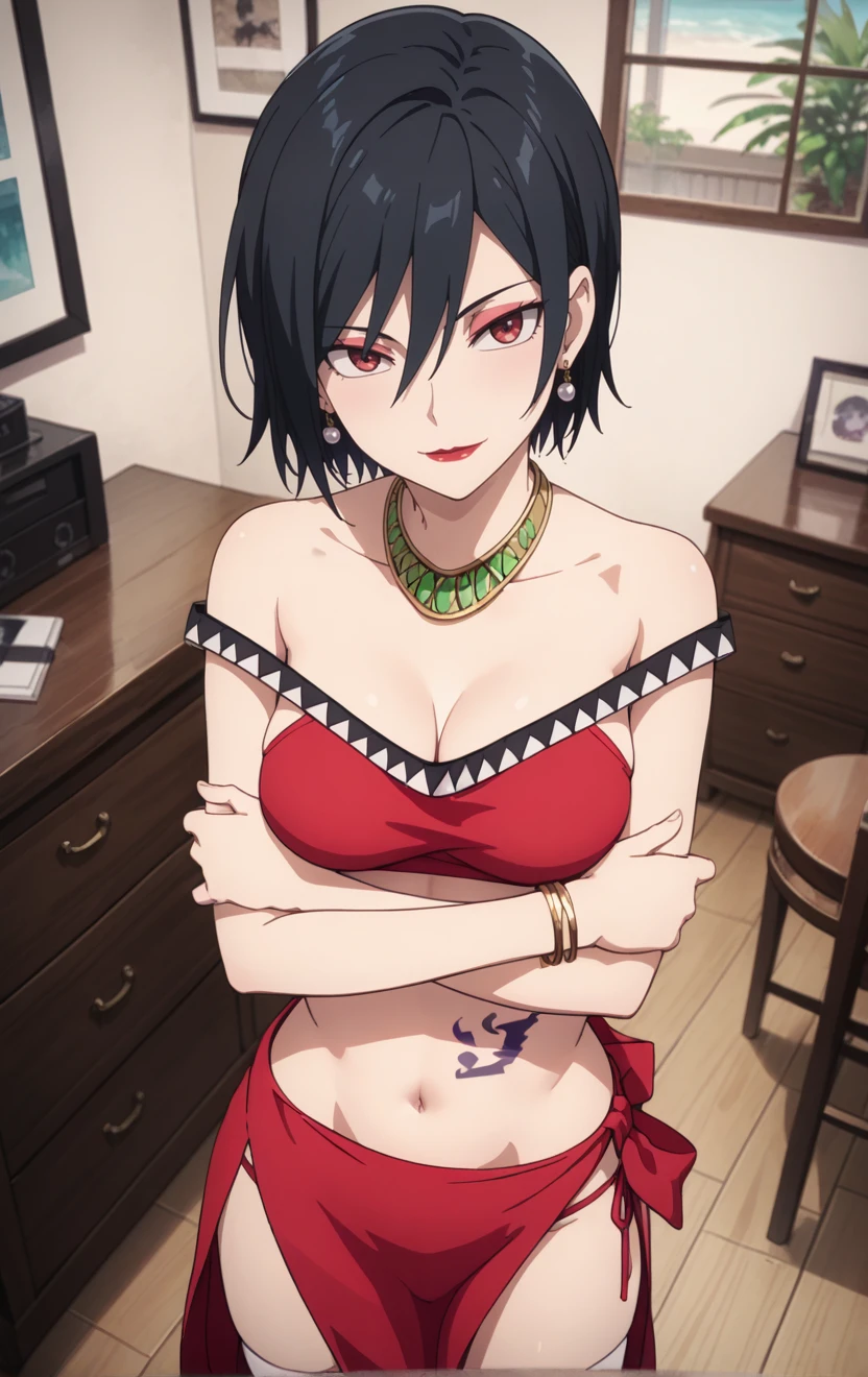 dtbshaozi, best quality, masterpiece, uncensored,1girl, solo,tsurime,black hair,stomach tattoo, midriff, short hair, breasts, navel, earrings, cleavage, medium breasts, bracelet, red eyes, necklace, makeup,lipstick, thighhighs,  indoors,room, light smile ,from above ,,cowboy shot,crossed arms  ,,pov ,,<lora:DtbShaoJi4thTail:1>