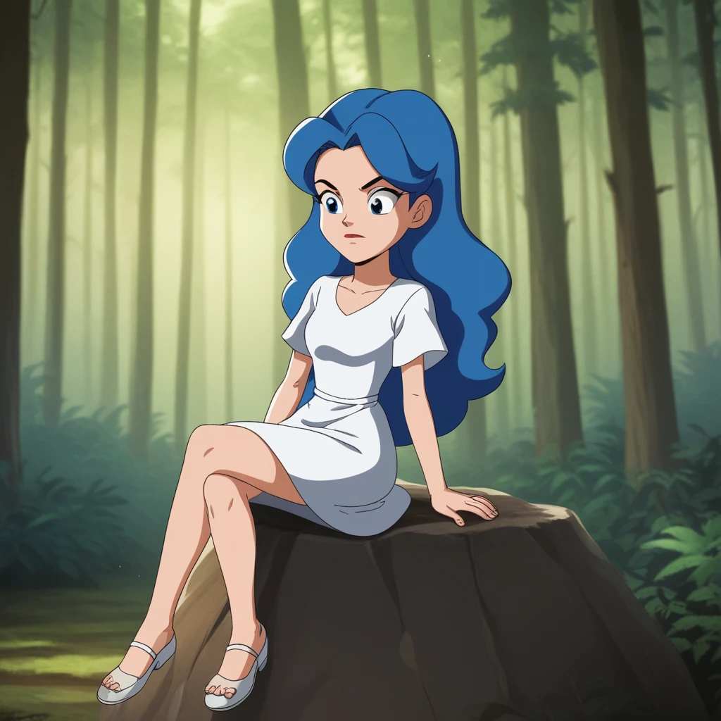 score_9_up, score_8_up, BREAK, TAspiez, 1girl, solo, blue hair, long hair,  blue eyes, white dress, <lora:The_amazing_spiez_Style_PXL_Leaf2:1>, forest, sitting on rock