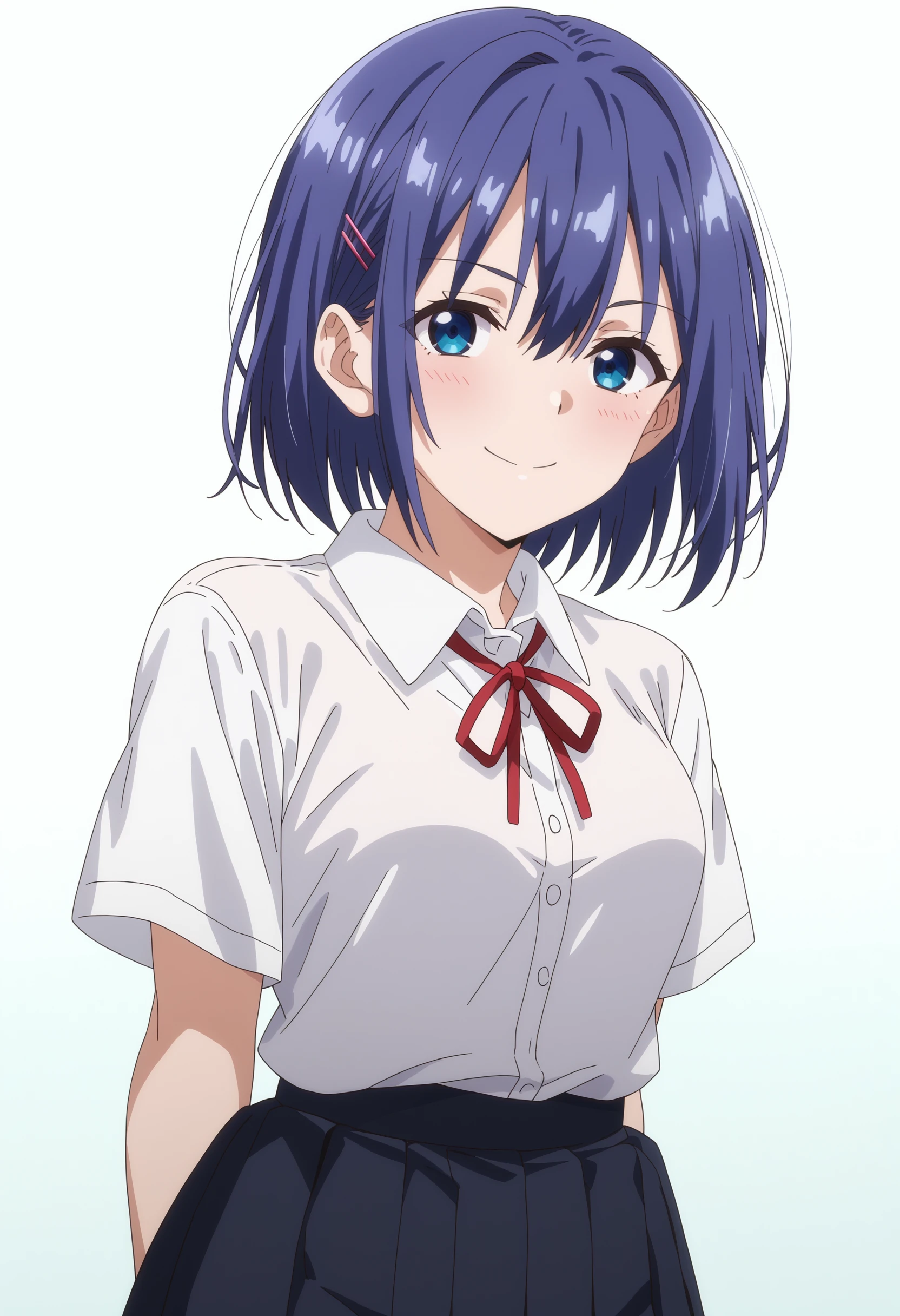 anime screencap, score_9, score_8_up, score_7_up, source_anime BREAK best quality, ((masterpiece)), highly detailed, ultra-detailed, (illustration), (beautiful detailed eyes) BREAK hoshizuki kaede, 1girl, solo, hairclip, simple background, white background:1.3 BREAK school uniform, white shirt, short sleeves, neck ribbon, black skirt, pleated skirt, arms behind back, looking at viewer, closed mouth, smile  <lora:hoshizuki_kaede_v1.1:0.9>