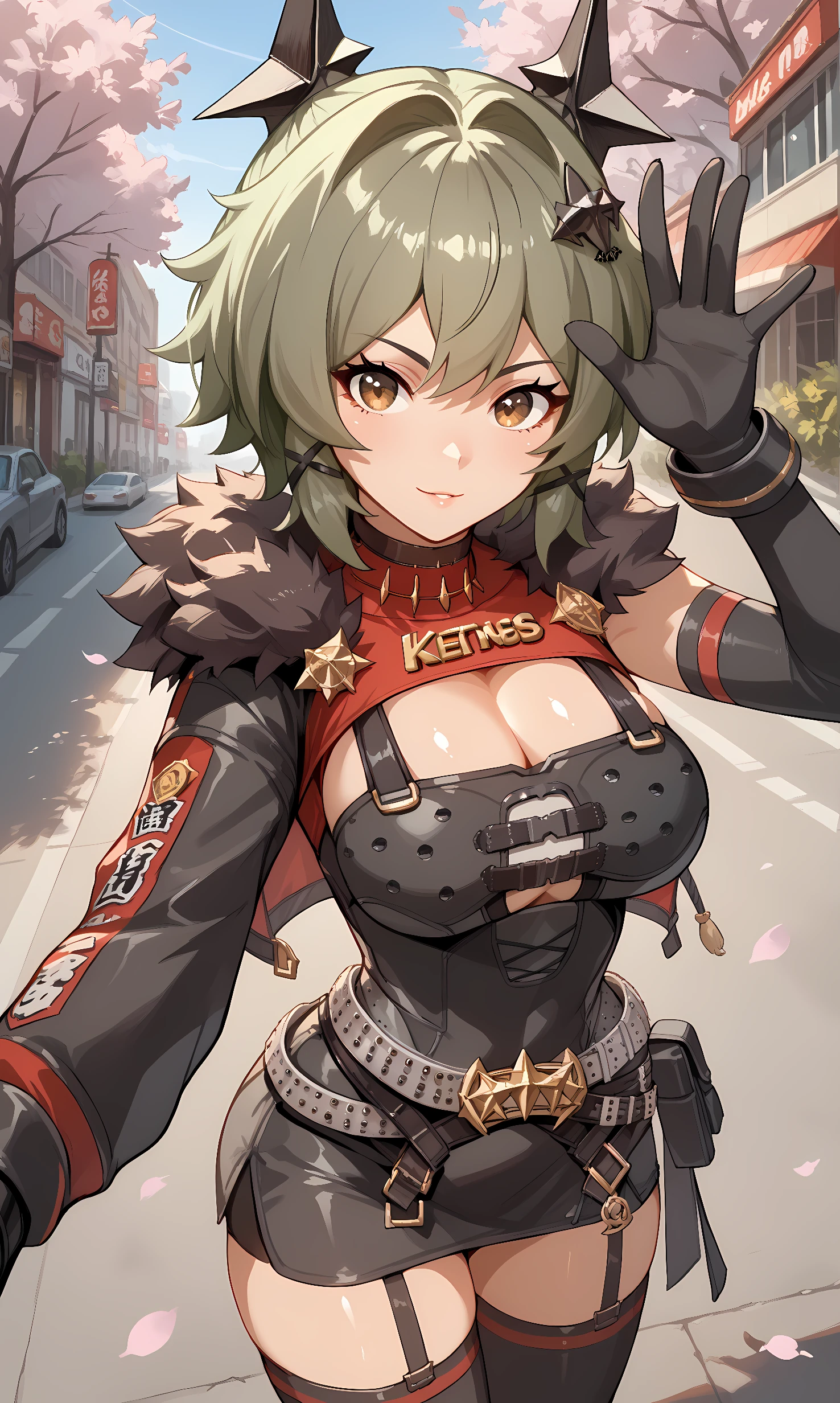 score_9, score_8_up, score_7_up, source_anime, 1girl, solo, outdoors, street, cherry blossoms, cowboy shot, standing, looking at viewer, shiny skin, caesar, brown eyes, green hair, short hair, hair ornament, choker, (black fur:1.5), fur trim, cleavage, long sleeves, cropped jacket, single elbow glove, single sleeve, black gloves, black dress, belt, miniskirt, bike shorts, shorts under skirt, black thighhighs, boots, white footwear, close-up, reaching out, selfie, waving 