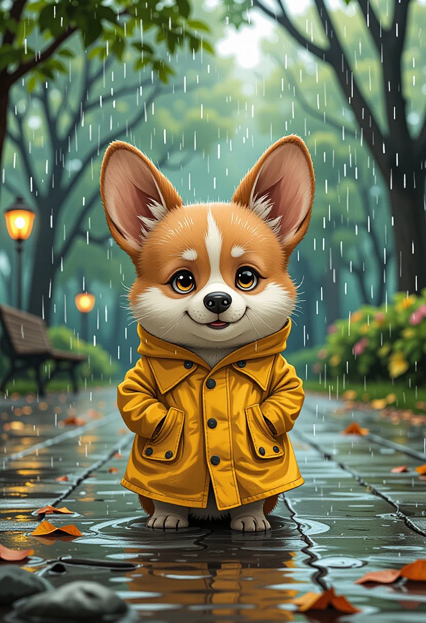 digital storybook illustration, animal, corgi, raincoat, raining, park, textured brushwork, sharp focus, low detail, blurry foreground
