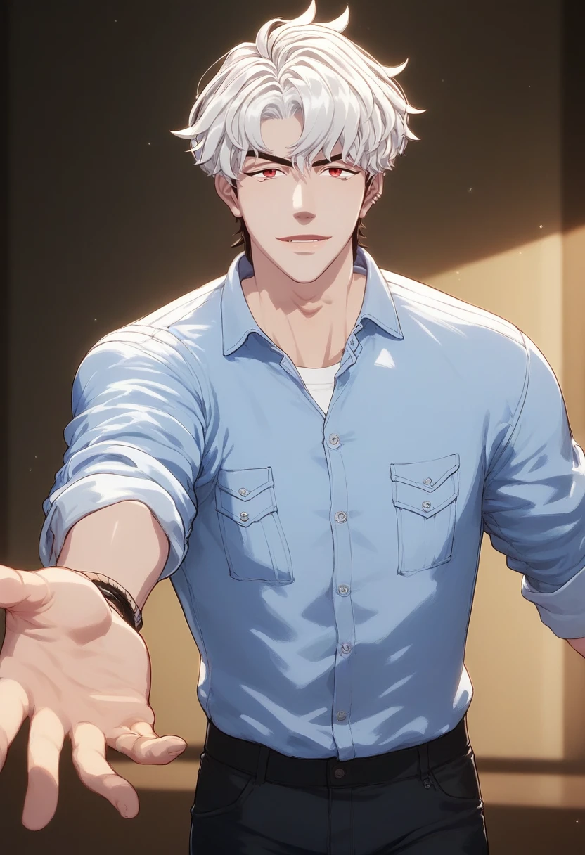 score_9,score_8_up,score_7_up,source_anime,uncensored,
1boy,solo,male,<lora:Eunho>,short hair,two-tone hair,white hair,black hair,red eyes,detailed hair,(highlight:1.3),slender body,looking_at_viewer,thick lips,smile,
summer_uniform,reaching_out,collared_shirt,blackpants,cowboy_shot,
Indoor,stage,
<lora:Expressive_H:0.8>,Expressiveh,<lora:artisticjinsky-Pony-XL-v6:0.3>,<lora:aesthetic_anime_v1s:1.2>,<lora:Body weight slider 2_last:1>,