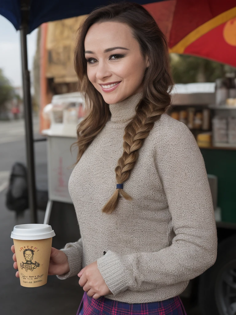 a professional absurdres sharp focus intricately detailed full (torso:1.2) photograph of a beautiful 1woman  (Danielle_Harris:1.1),
with a warm smile, 
wearing a plaid skirt with a turtleneck black sweater and 
light eye make-up, 
with a rainbow-colored long braided hairstyle,  
ordering a chaos monkey-flavored coffee at a street vendor's cart in a smoldering volcanic caldera,
<lora:Danielle_Harris-SDe14:0.8>