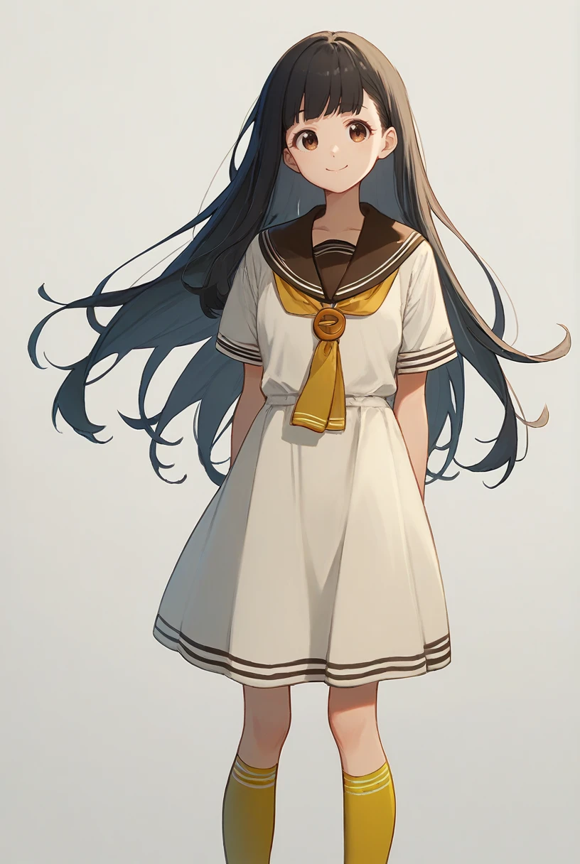 (score_9,score_8_up,score_7_up, ),
TMLH_NK,long hair,black hair,1girl,white dress,smile,yellow socks,brown sailor collar,short sleeves,sailor dress,standing,yellow neckerchief,brown eyes,<lora:TMLH_NK_pony:1>,simple_background,white_background,solo