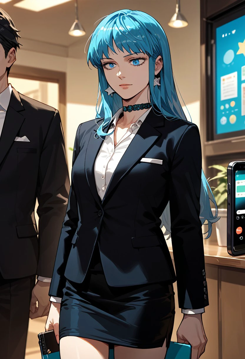 score_9,score_8_up,score_7_up,source_anime,Ha Yura,1girl,solo,skirt,choker,star \(symbol\),phone,formal,cellphone,suit,smartphone,pencil skirt,skirt suit,