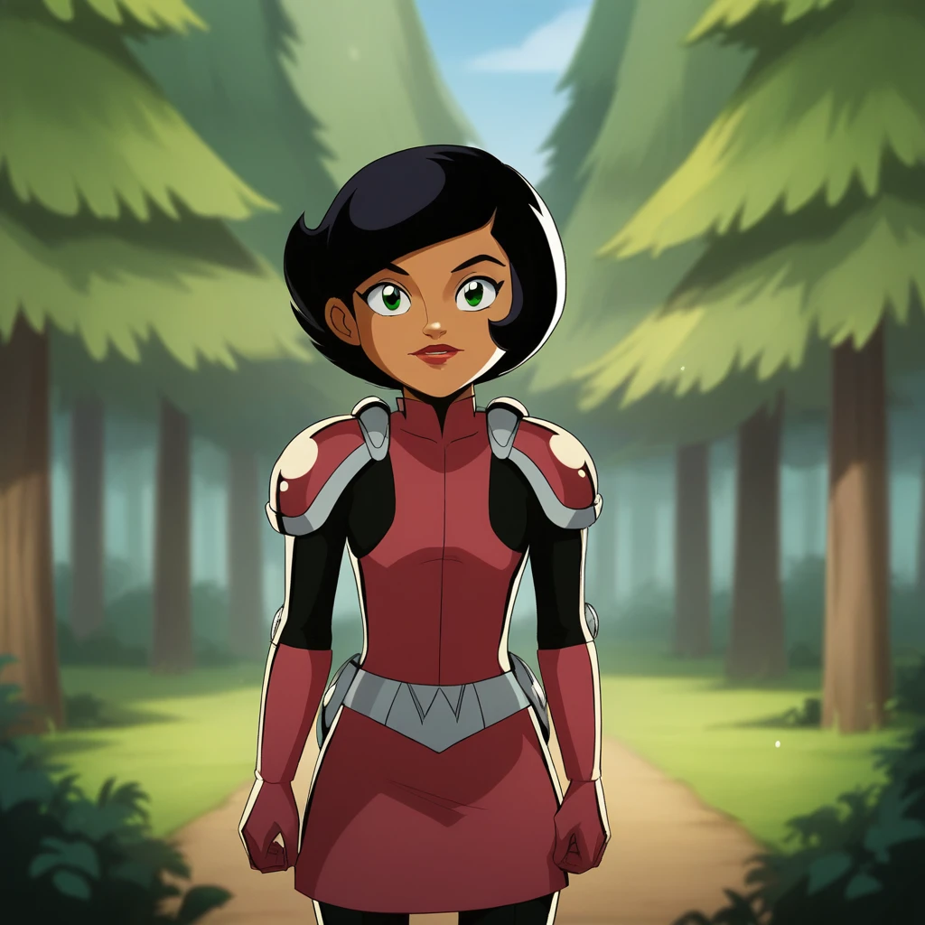 score_9_up, score_8_up, BREAK, Megan, 1girl, solo, black hair, short hair, green eyes, dark skin, lipstick,  bodysuit,  shoulder pads, armor, skirt, cowboy shot, <lora:Megan_SpieZ_PXL_Leaf4:1>, outdoors, depth of field, looking at viewer, forest,